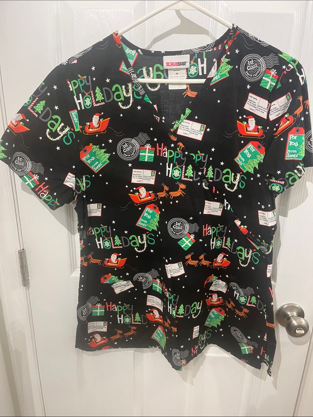 Scrubstar Black Holiday Print Scrub Top with Green & Red Accents